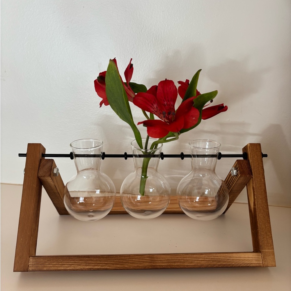 New Wooden Frame Glass Vase Set